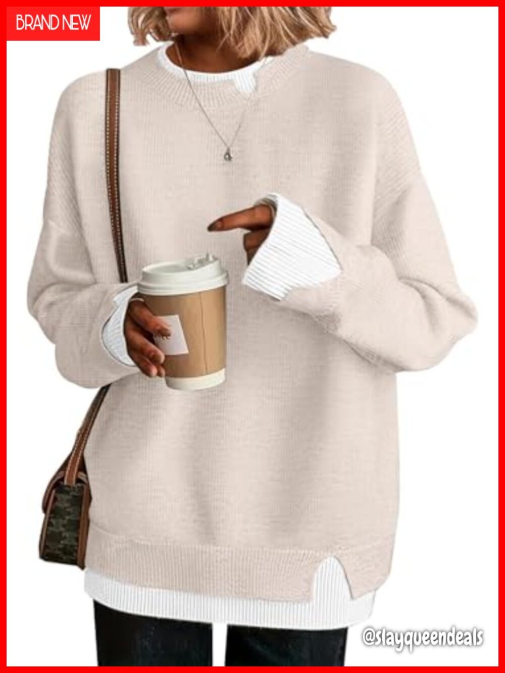 Womens Oversized Cut-Out Crew Neck Ribbed Knit Pullover Sweater